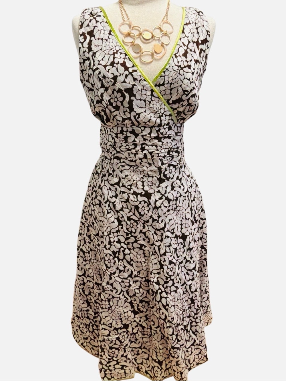 Robbie Bee Brown and White Floral Midi Dress with Lime Trim